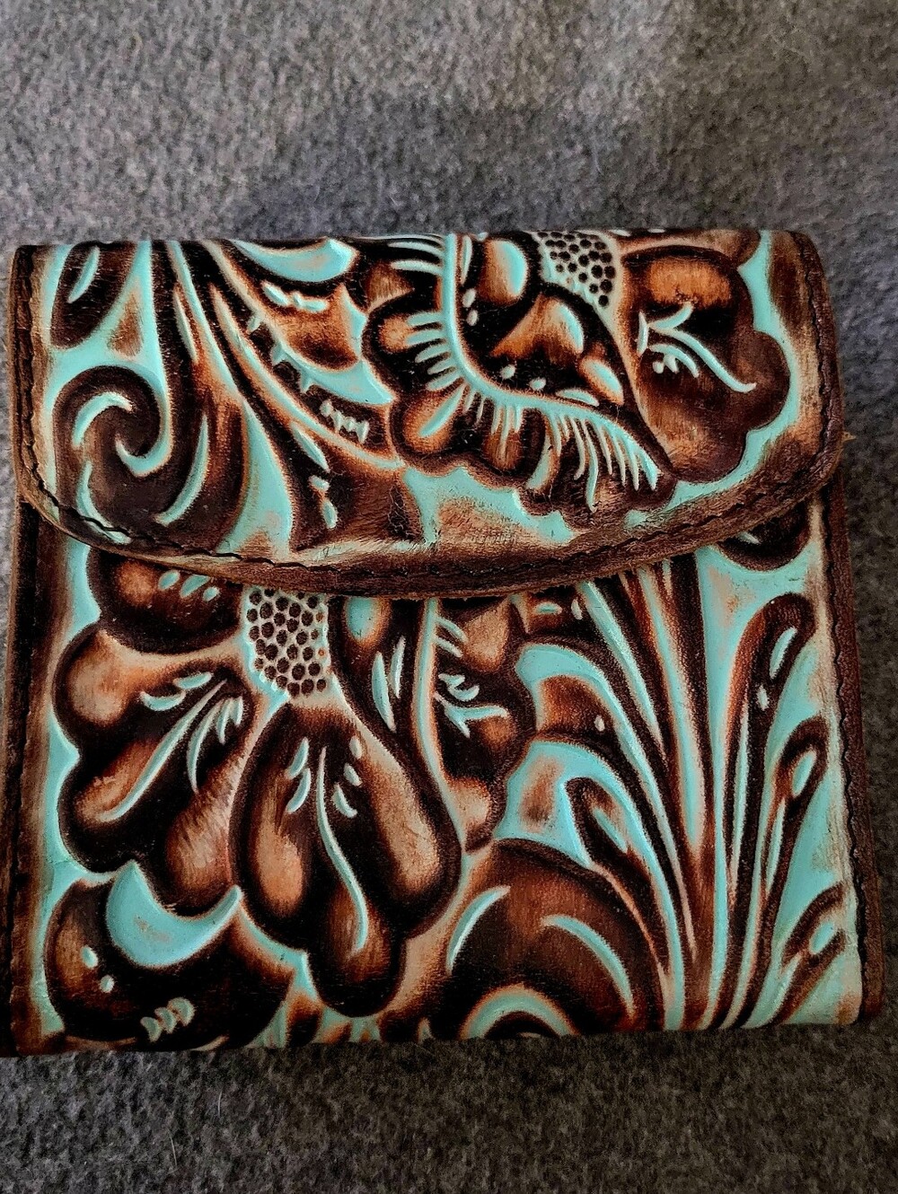 RARE Patricia Nash TURQUOISE Tool Brown Leather REITI Bifold Wallet Kiss Lock
